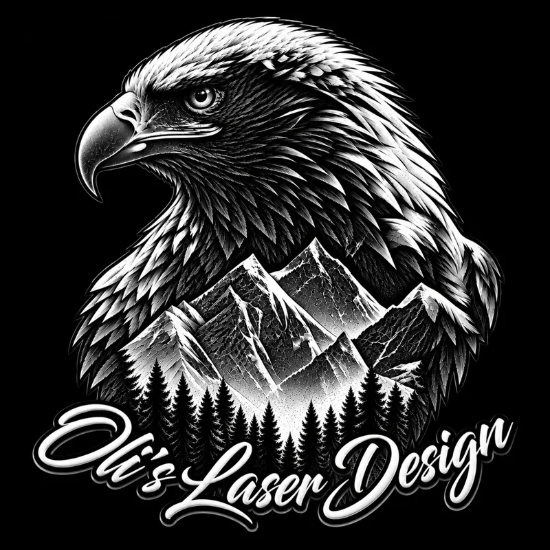 Adlermotiv mit Berglandschaft und dem Schriftzug Oli’s Laser Design