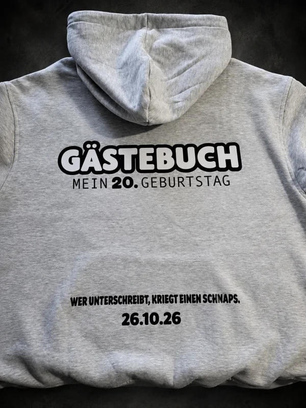 Grauer Hoodie mit Gästebuch Aufdruck